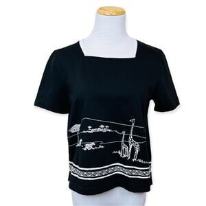 KORET K-WEAR PETITE Black Embroidered Safari Square Neck Top MEDIUM Vintage 90s